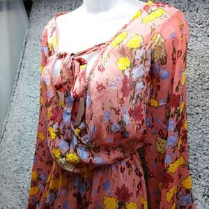 NWOT Wonderly Womans Curvy 1X Sheer Maxi Dress. Romance Pink Floral Long Sleeves